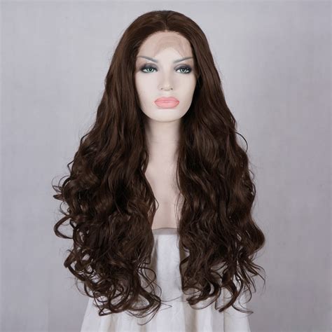 daily 26 natural dark brown long curly hair lady fashion lace front wig wig cap in synthetic