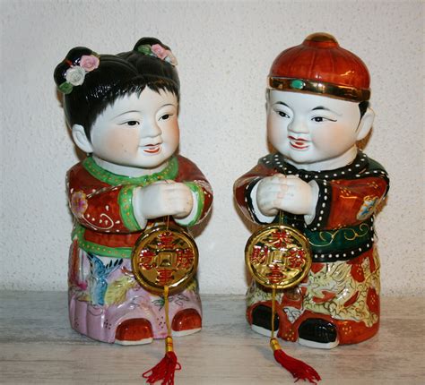 Vintage Chinese Golden Boy And Jade Girl Pair Of Lucky Etsy