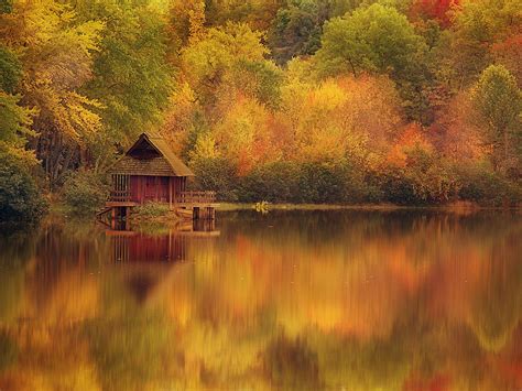 Wooden Cabin On Lake In Autumn Crosswalks To Nowhere Scenery