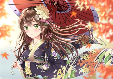 Achtergronden Anime Animemeisjes Originele Personages Paraplu Japanse Kimono 2400x1697