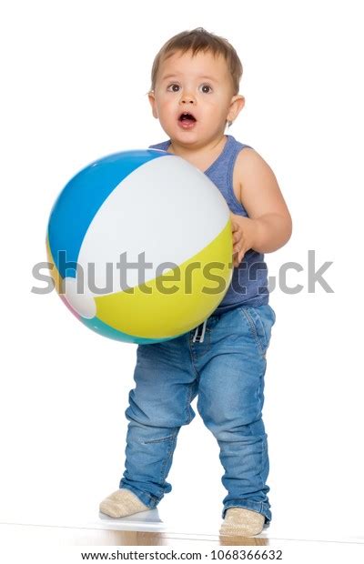 Cheerful Little Boy Playing Ball Studio Stock Photo 1068366632
