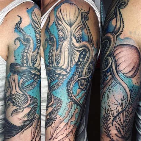 Octopus and mermaid tattoo seems appalling. Under the sea sleeve for Amy :) #jellyfishtattoo # ...