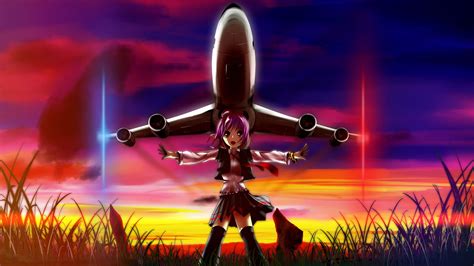 Wallpaper Anime Girl Airplane Sunset 2560x1440 Qhd