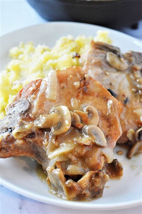Season the chops on both sides with the salt, pepper & garlic powder. Smothered Pork Chops with Mushroom Gravy - Onion Rings ...