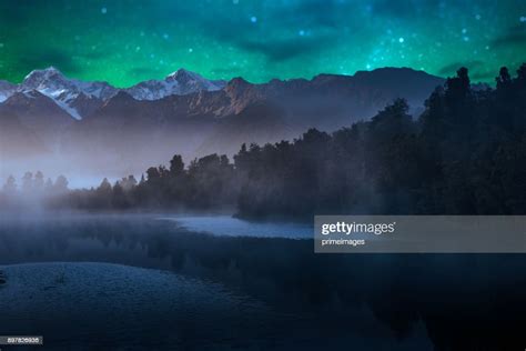 Mount Cook And Lake Matheson New Zealand With Milky Way High Res Stock