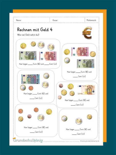 Arbeitsblatt zum euro für die 1. Euro und Cent in 2020 | Grundschulkönig, Rechnen mit geld, Mathe