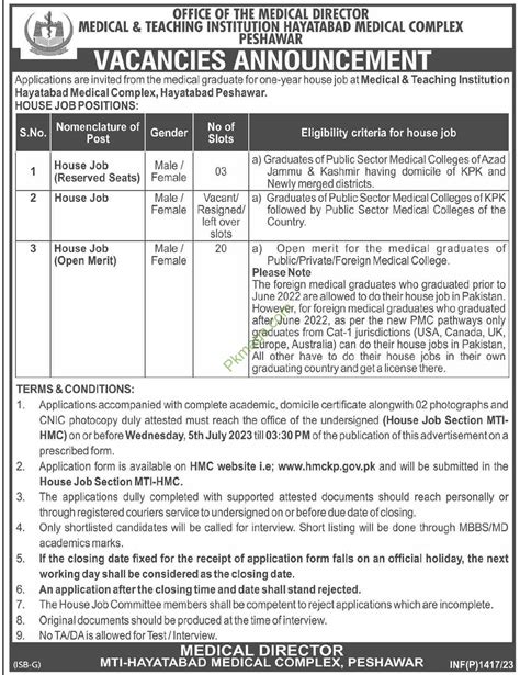 HMCKP Jobs 2023 Medical And Teaching Institution Hayatabad Medical
