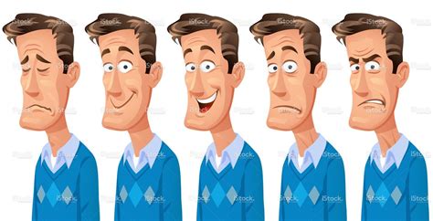 Cartoon Illustration Of A Man With Five Different Facial Expressions