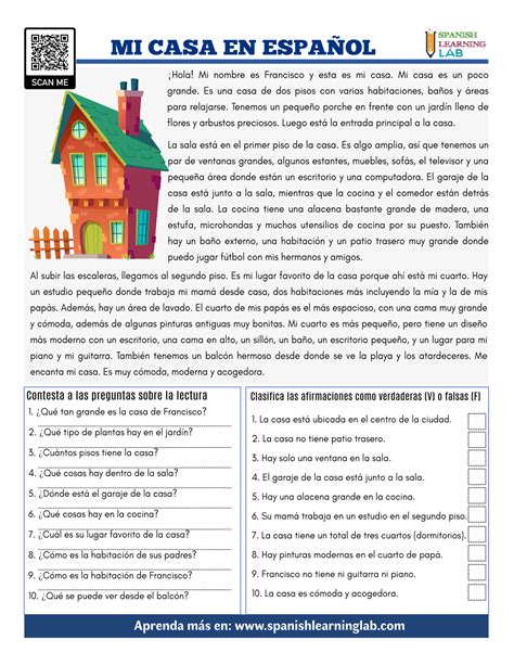 Mi Casa En Espa Ol Ejercicios De Lectura En Pdf Spanish Learning Lab