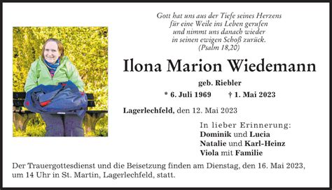 Traueranzeigen Von Ilona Marion Wiedemann Augsburger Allgemeine Zeitung