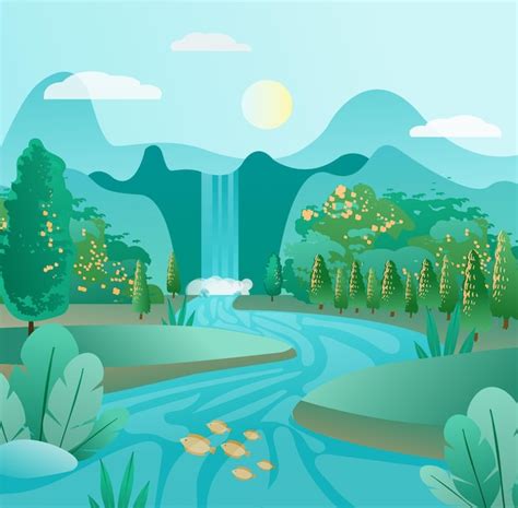 Premium Vector Landscape With Waterfall