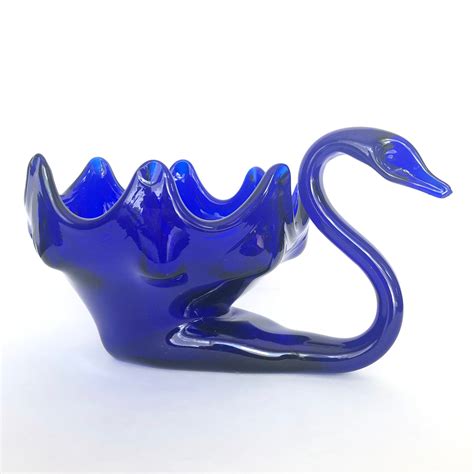 Vintage Cobalt Blue Art Glass Swan Dish Bowl Etsy