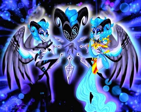 Two Cartoon Characters Standing Next To Each Other In Front Of Blue And Purple Background With Stars