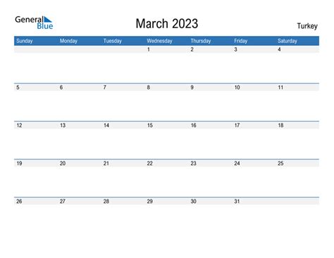 Turkey March 2023 Calendar With Holidays