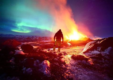 Northern Lights Paint Sky Over Arctic Volcano Northern Lights