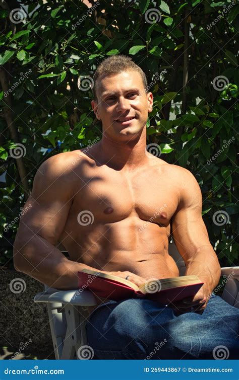 Handsome Athletic Young Man Reading Book Outside Stock Image Image Of