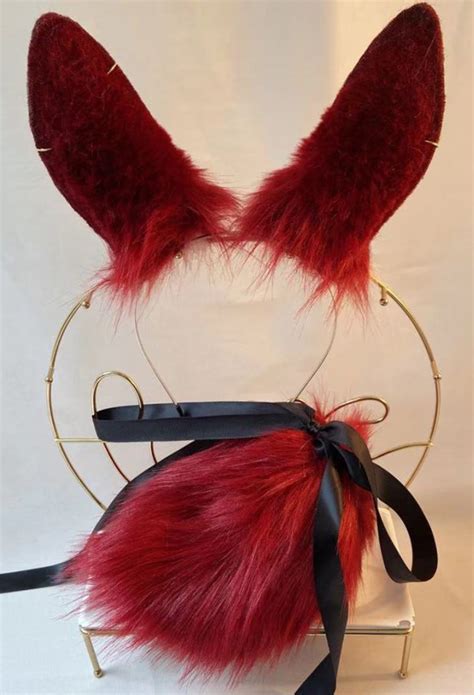 Original Red Bunny Ears Headband And Tail Kc Set Handmade Faux Fur