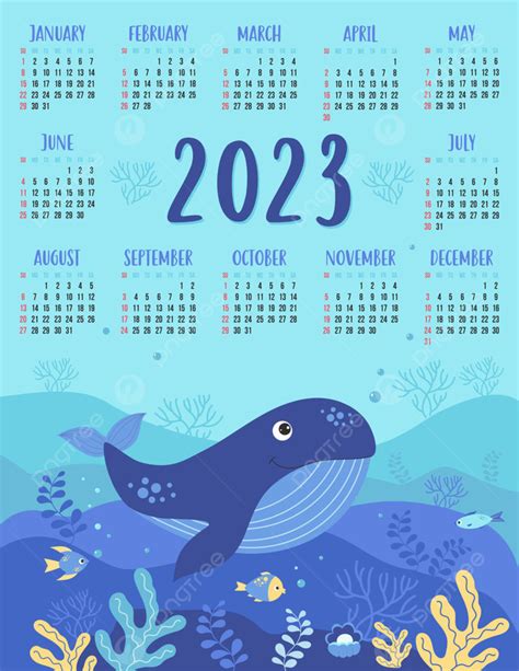 Gambar Kalender Untuk Tahun 2023 Dengan Paus Biru Yang Lucu Dan