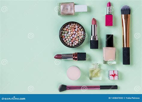 Flat Lay Female Cosmetics Collage Frame With Lipstick Brushpowder On