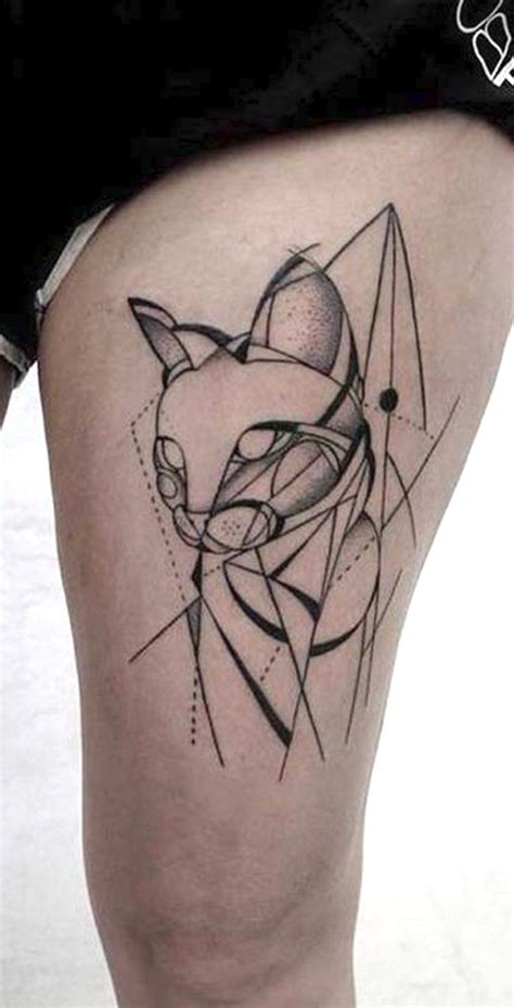 Cool Badass Geometric Cat Thigh Tattoo Ideas For Women Geometrische