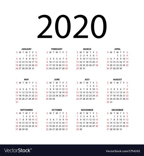 Calendar For 2020 Royalty Free Vector Image Vectorstock