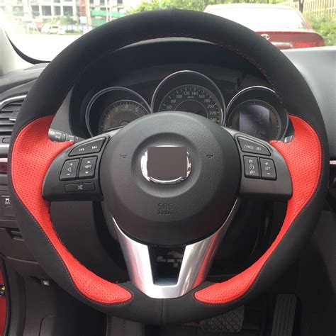 Red Leather Black Suede Diy Hand Stitched Car Steering Wheel Cover For