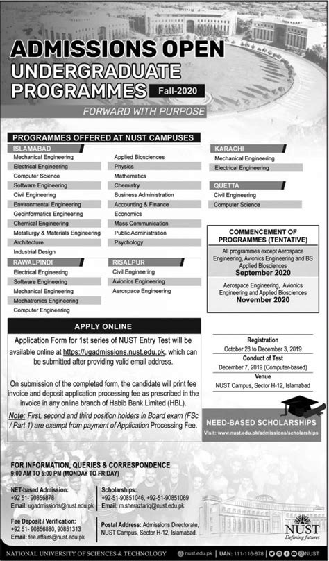national university of science and technology nust islamabad undergraduate admissions 2019
