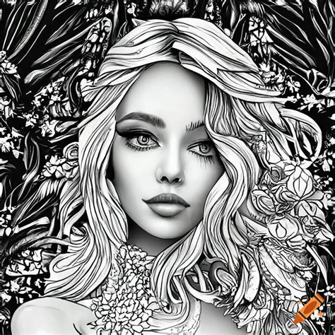 black and white coloring book illustration of a beautiful woman with doves in a forest on craiyon