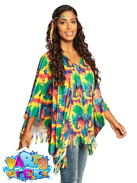 Adult Tie Dye Hippie Poncho With Headband 1960s 70s Fancy Dress Hippy Accessory Ebay