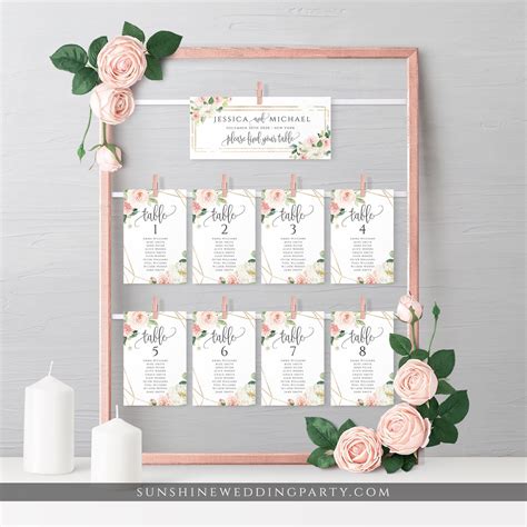 Blush And White Wedding Seating Chart Template Floral Printable Table