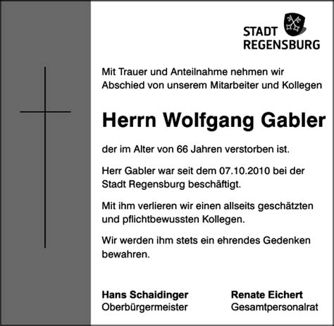 Traueranzeigen Von Wolfgang Gabler Mittelbayerische Trauer