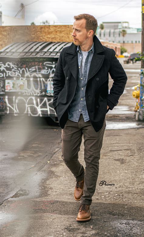 Mens Casual Outfit Idea Pea Coat Chambray Shirt Twill Pants And