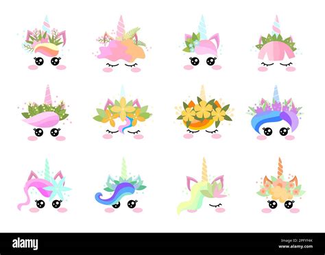 Pretty Unicorn Faces Cartoon Illustration Set Stock Vector Image And Art