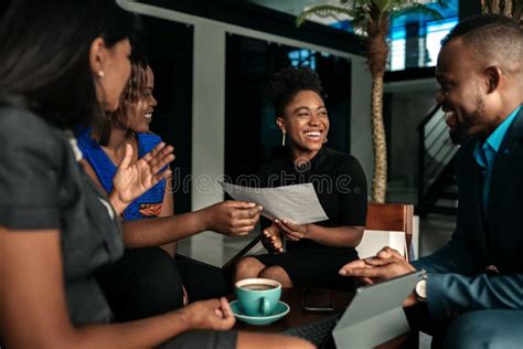 African Business Meeting Candid Real Happy Moment Between Four Work