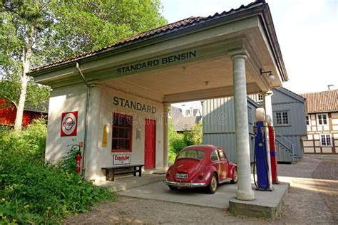 Old Norwegian Gas Station With A Beautiful Car Editorial Stock Image
