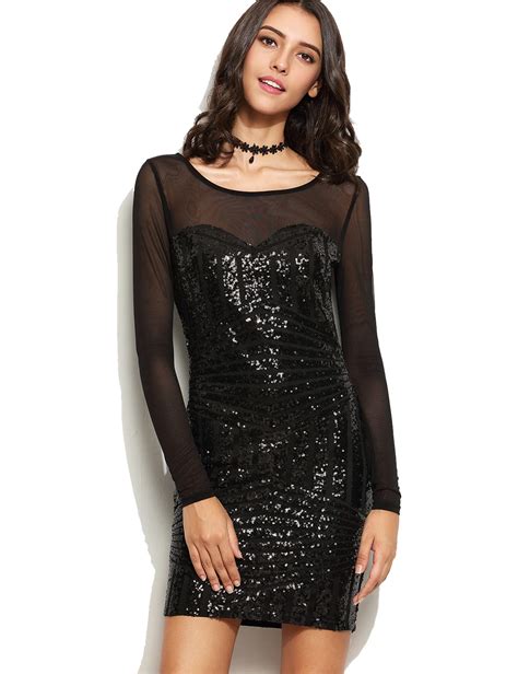 Women Long Sleeve Mesh Patchwork Lace Up Party Dresses Sexy Mini Bodycon Sequin Club Dress