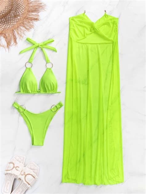 Neon Lime Ring Linked High Cut Bikini Swimsuit With Cover Up SHEIN USA