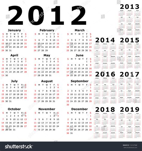 Calendar For 2012 2013 2014 2015 2016 2017 2018 2019 Stock Photo