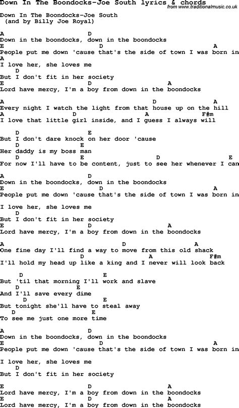 Love Song Lyrics Fordown In The Boondocks Joe South With Chords