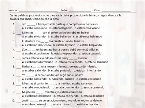 Past Continuous Tense Multiple Choice Spanish Worksheet Teaching