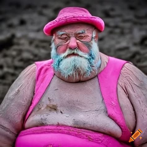 Fat Old Obese Man Bearded Grandpa Pink Leather Sitting In Blue Mud