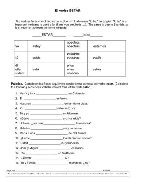 These two spanish verbs drive most of us crazy. El verbo ESTAR Worksheet for 6th - 8th Grade | Lesson Planet