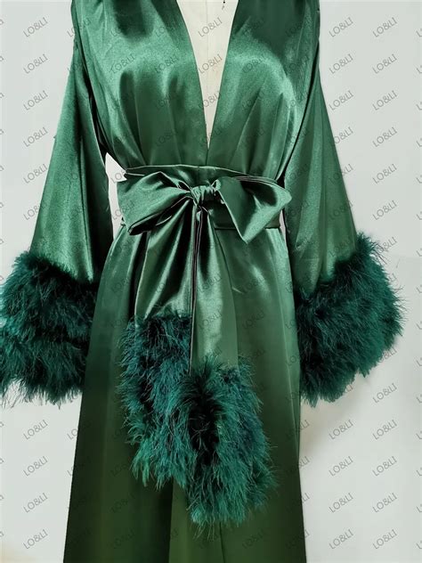 Elegant Long Silk Satin Feather Evening Dresses Sleeves V Neck Robe Self Tie Bathrobe Aline