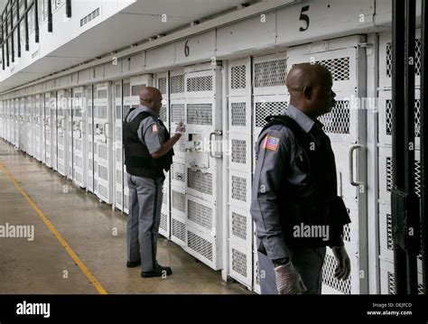 Prison Guards Inside Prison Unit Near Houston Texas Walk Through Stock
