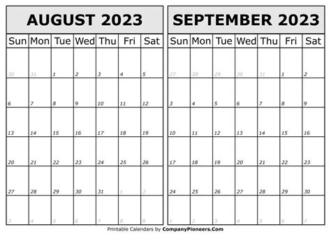 August September 2023 Calendar Printable Template