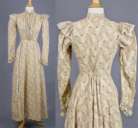 1890s Victorian Floral Cotton Calico Print Dress 19th Century Dress