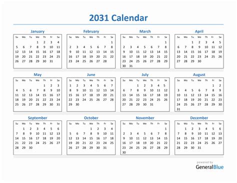 2031 Simple Yearly Calendar Pdf Excel Word