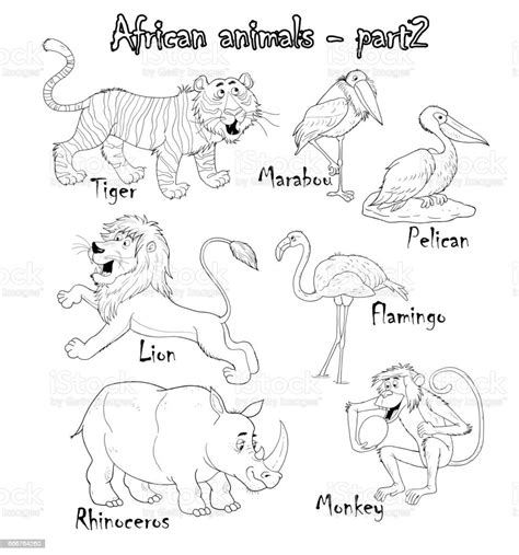 Set Of Cute African Animals Coloring Page Funny Cartoon Characters