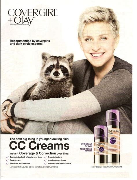 2013 Mint Print Ad Poster Ellen Degeneres Cover Girl Olay Raccoon