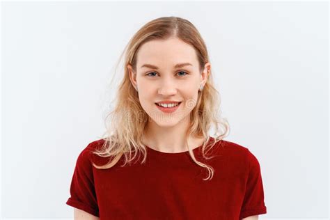 Young Emotional Woman Close Up Portrait Of Young Blonde Woman 20s Wearing Casual Red T Shirt